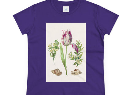 Tulip flower with Two Branches of Myrtle and Shells Cotton Tee