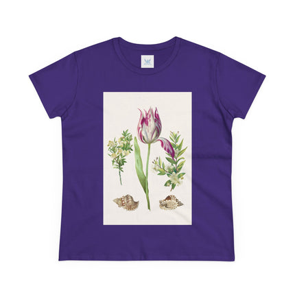 Tulip flower with Two Branches of Myrtle and Shells Cotton Tee