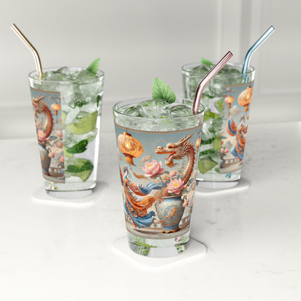 Golden Dragon & Lantern Lady Pint Glass – Imperial Dragon & Elegant Harmony