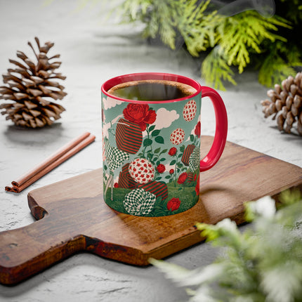 🌹💚 The Scarlet Rose Checkerboard Garden Colorful Mug – Art Deco Floral Whimsy