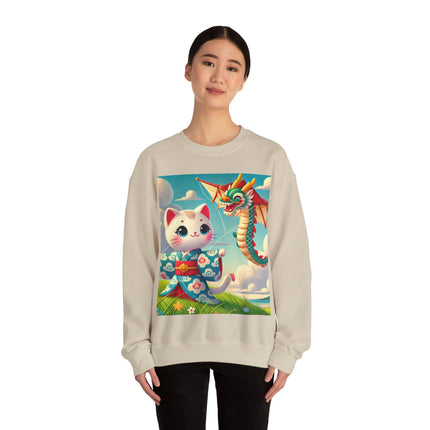 Geisha Kitten and the Dragon Kite Heavy Blend™ Crewneck Sweatshirt