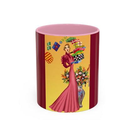 Elegant Holiday Woman with Gifts Colorful Mugs (11oz, 15oz)