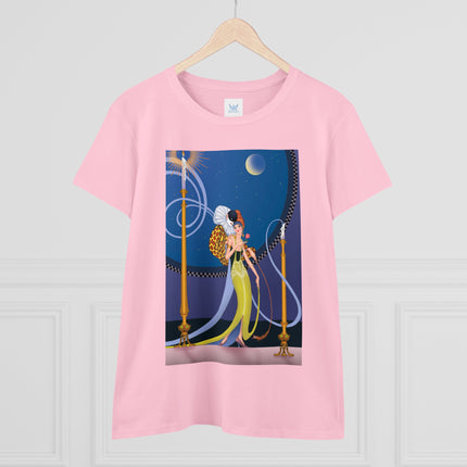 Smoke and Secrets: A Glamorous Encounter in Prohibition Era Women's Midweight Cotton Tee