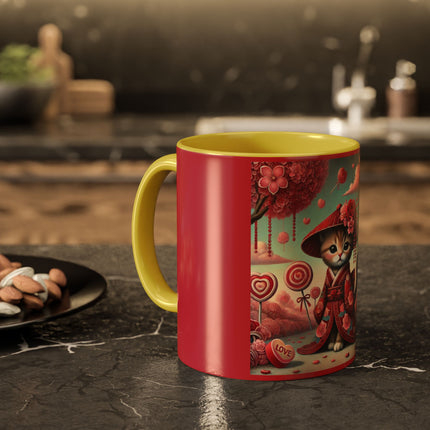 Whimsical Geisha Kitten in a Valentine Garden Colorful Mugs (11oz, 15oz)