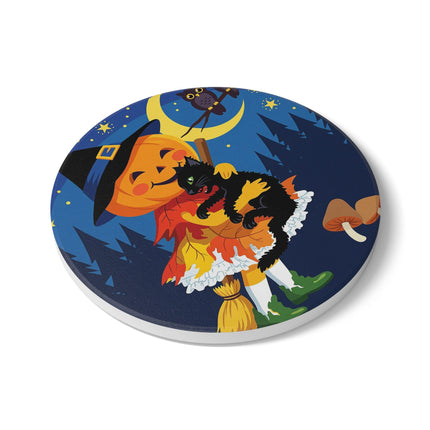 🎃🐈‍⬛ The Little Pumpkin Witch And Her Black Cat Ceramic Coaster – Whimsical Halloween Charm