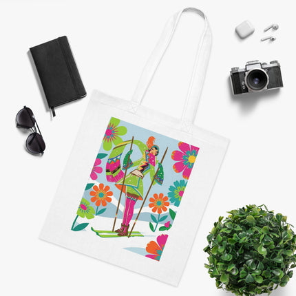 🎿🌸 The Winter Flower Adventurer Cotton Tote Bag – Colorful Skiing Fantasy