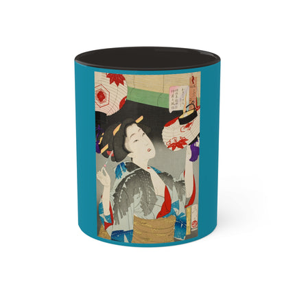Looking Observant; The Appearance of a Kyoto Waitress of the Meiji Era by Tsukioka Yoshitoshi Colorful Mugs, 11oz
