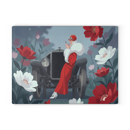 🚗🌺 The Lady Of The Scarlet Roadster Glass Cutting Board – Art Deco Motoring Elegance