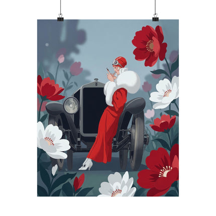 ❤️🚘 The Lady Of The Red Roadster Matte Vertical Poster – Art Deco Motoring Elegance