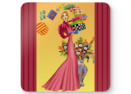 Elegant Holiday Woman with Gifts Corkwood Coaster Set