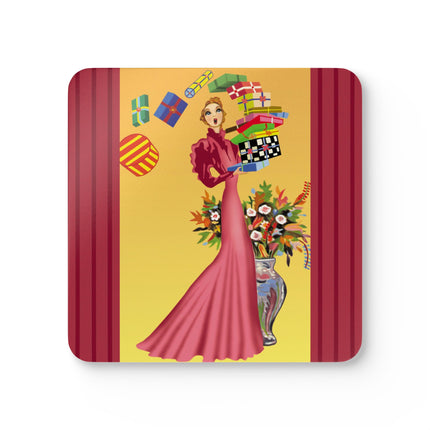 Elegant Holiday Woman with Gifts Corkwood Coaster Set