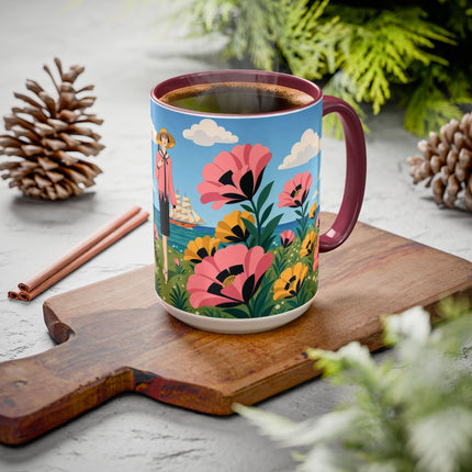 🌸⛵ The Seaside Blossom Promenade Colorful Mug – Art Deco Coastal Elegance