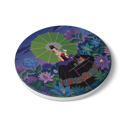 🧶☂️ The Lady Of The Moonlit Garden Knitting Ceramic Coaster – Art Deco Floral Whimsy
