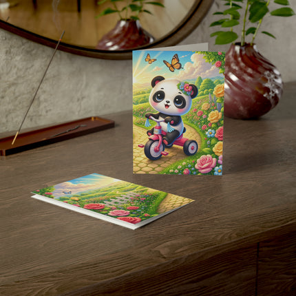 🐼🌹 The Little Panda Garden Ride Greeting Card – Whimsical Animal Adventure