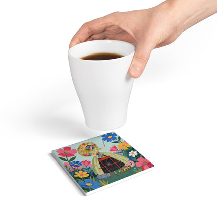 🌸🪞 The Floral Parasol Reflection Ceramic Coaster – Art Deco Garden Fantasy
