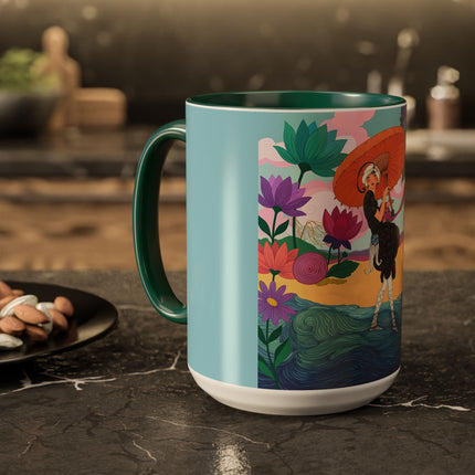 The Lady Of The Coral Parasol Colorful Mugs – Art Deco Coastal Elegance