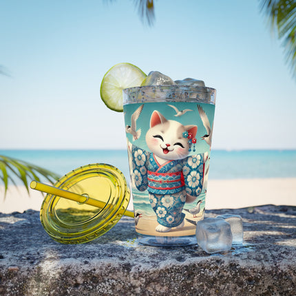 Geisha Kitten by the Seaside Sunsplash Tumbler with Straw, 16oz
