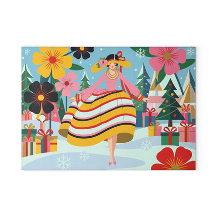 🌸🎁 The Lady Of The Christmas Flower Garden Glass Cutting Board – Art Deco Holiday Fantasy