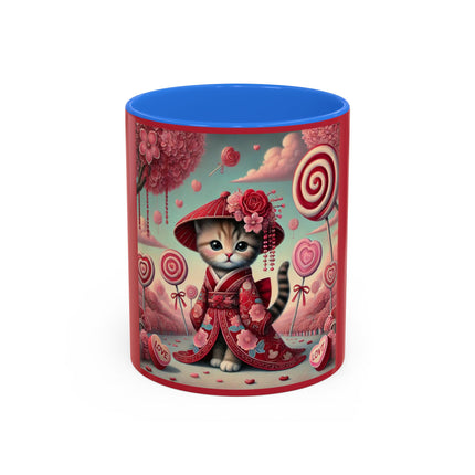Whimsical Geisha Kitten in a Valentine Garden Colorful Mugs (11oz, 15oz)