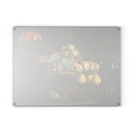 Still Life of a Basket of Fruit with a Parrot by Adriaen Van Utrecht Glass Cutting Board