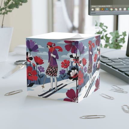 🎿🌺 The Winter Flower Skier Note Cube – Art Deco Alpine Fantasy