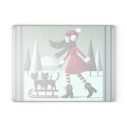 Red Sled & Curious Cats Glass Cutting Board