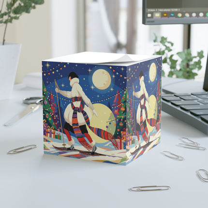 🌙🎿 The Moonlit Christmas Skier Note Cube – Art Deco Holiday Adventure
