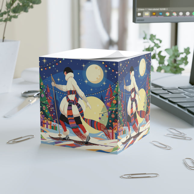 🌙🎿 The Moonlit Christmas Skier Note Cube – Art Deco Holiday Adventure