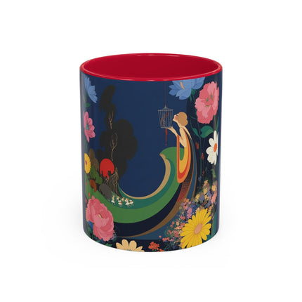 The Lady And The Crimson Moonbird Colorful Mugs – Art Deco Whimsical Garden Elegance
