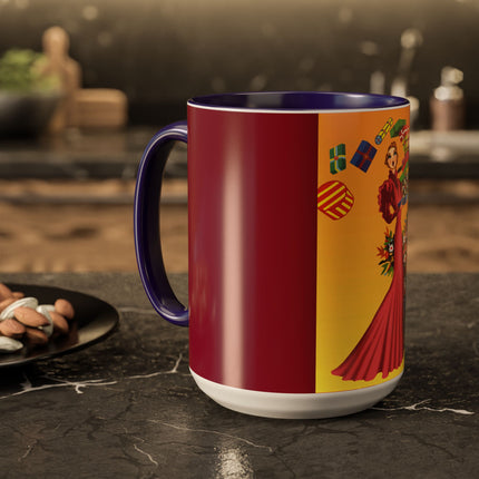 Elegant Holiday Woman with Gifts Colorful Mugs (11oz, 15oz)