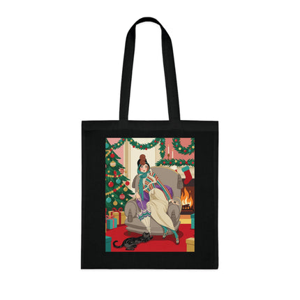 🔥🎄 The Lady Of The Christmas Hearth Cotton Tote Bag – Art Deco Holiday Warmth