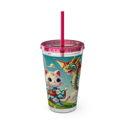 Geisha Kitten and the Dragon Kite Sunsplash Tumbler with Straw, 16oz