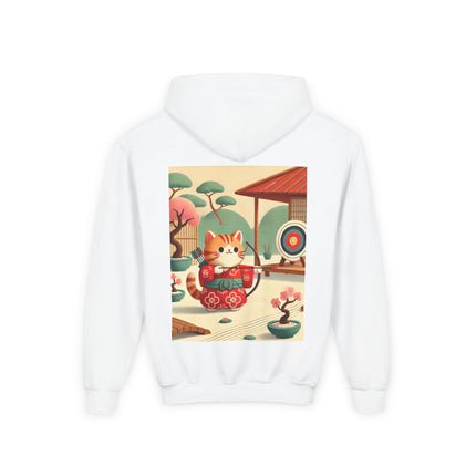 Archer Kitten in the Zen Garden Youth Hooded Sweatshirt – Calm Focus & Playful Strength