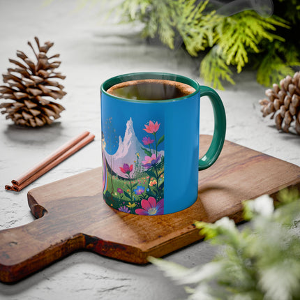 The Lady And The Moonlit Peak Colorful Mugs – Art Deco Alpine Garden Elegance
