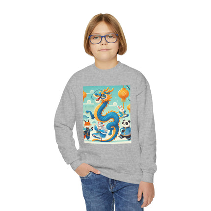 Blue & Gold Dragon Festival Parade Youth Crewneck Sweatshirt – Celebration, Color & Joyful Movement