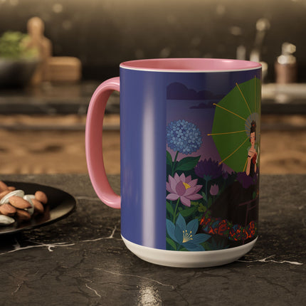 The Lady Of The Moonlit Needlework Colorful Mugs – Art Deco Crafting Elegance