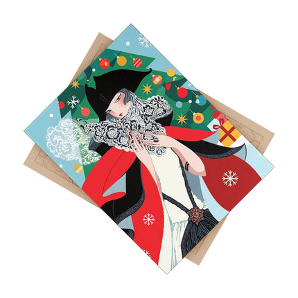 🧣🎄 The Lady Of The Crimson Scarf Ceramic Tile – Art Deco Christmas Elegance