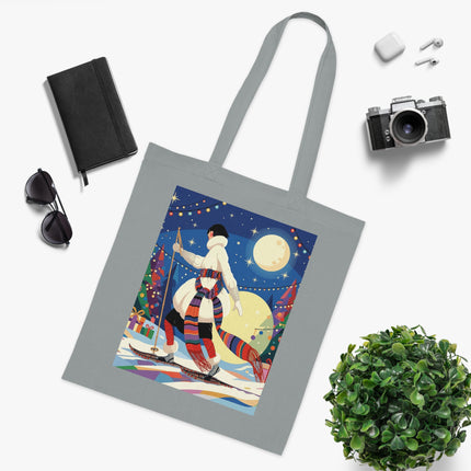 🎿🌙 The Moonlit Christmas Skier Cotton Tote Bag – Art Deco Holiday Adventure