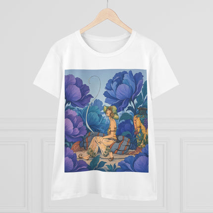 💙🌸 The Lady Among The Blue Blossoms Cotton Tee – Art Deco Floral Reverie