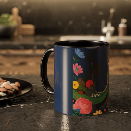 The Lady And The Crimson Moonbird Colorful Mugs – Art Deco Whimsical Garden Elegance