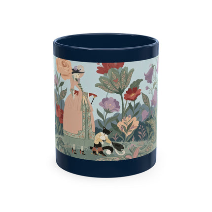 🐈🥾 The Lady & Puss In Boots In The Flower Garden Ceramic Mug – Art Deco Storybook Whimsy