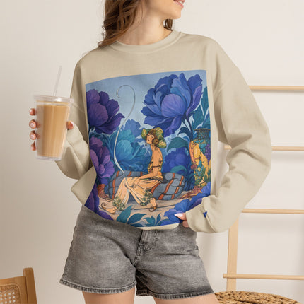 💙🌸 The Lady Among The Blue Blossoms Crewneck Sweatshirt – Art Deco Floral Reverie