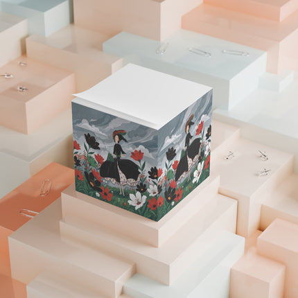 🌧️🌺 The Stormy Flower Walk Note Cube – Art Deco Floral Fashion
