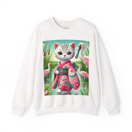 Geisha Kitten Strolls Among the Spoonbills  Unisex Heavy Blend™ Crewneck Sweatshirt