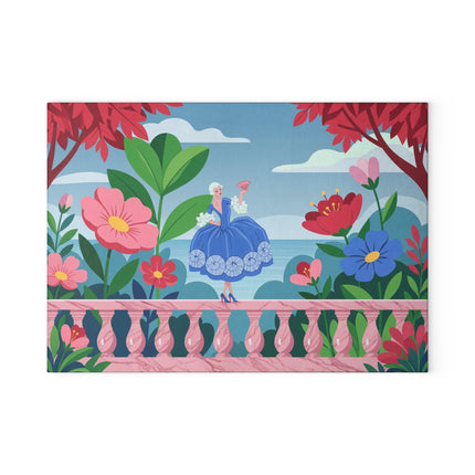 🌸💙 The Lady Of The Garden Terrace Glass Cutting Board – Art Deco Floral Fashion Elegance
