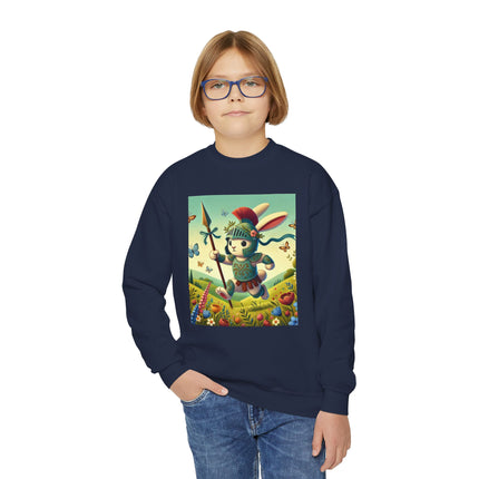 Rabbit Gladiator Youth Crewneck Sweatshirt – Courage, Adventure & Playful Charm