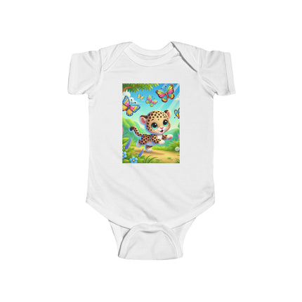 Jungle Butterfly Chase Baby Bodysuit – Whimsical Leopard Cub Design