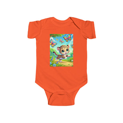 Jungle Butterfly Chase Baby Bodysuit – Whimsical Leopard Cub Design