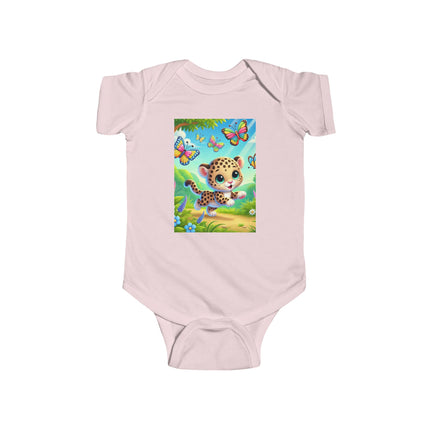Jungle Butterfly Chase Baby Bodysuit – Whimsical Leopard Cub Design