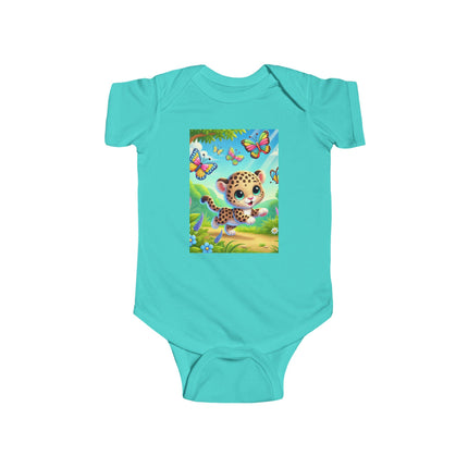 Jungle Butterfly Chase Baby Bodysuit – Whimsical Leopard Cub Design